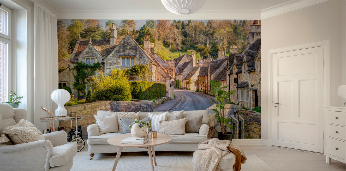 English village mural with stone cottages

