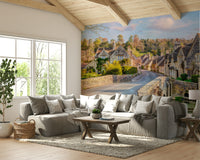 Mural of rural village with ivy-covered homes

