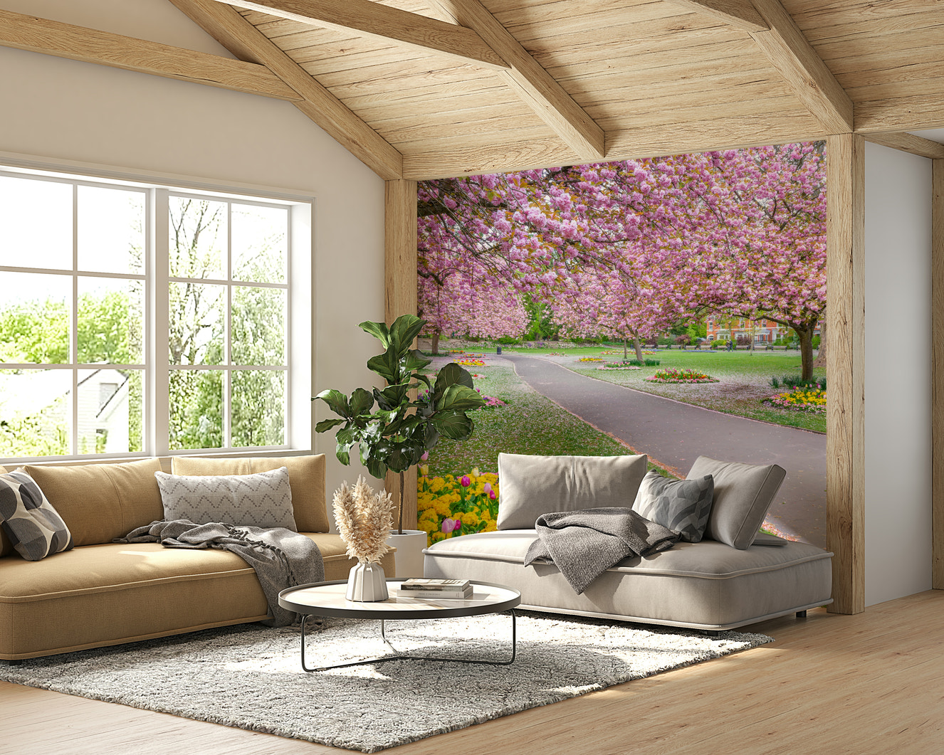 Blooming trees and colorful flowers wallpaper

