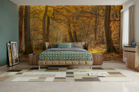 A wall mural depicting a serene woodland scene
