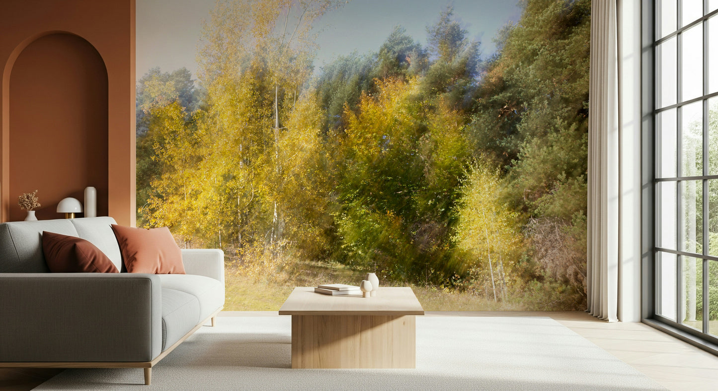 Autumn's Whisper: Blurred Nature Photography of Golden Trees Wall Mural