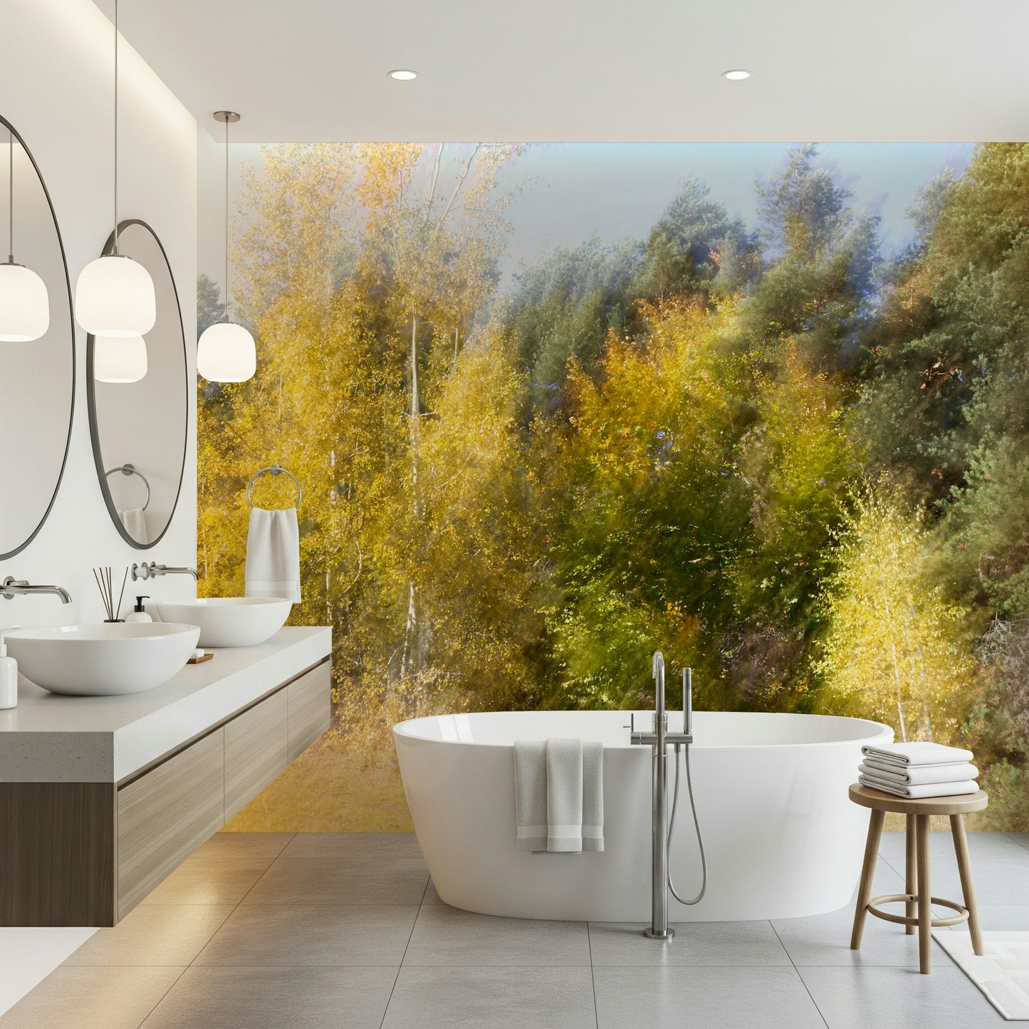 Autumn's Whisper: Blurred Nature Photography of Golden Trees Wall Mural