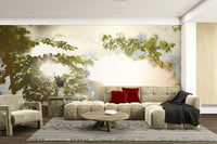 Gentle tree canopy over water mural
