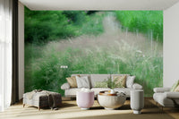 Muted green forest path mural
