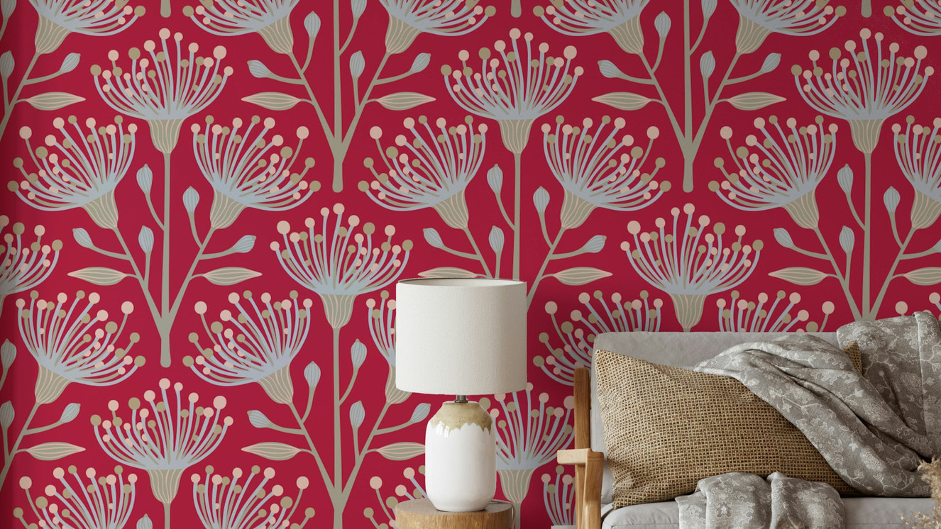 Bold red botanical wall mural
