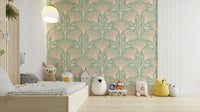 Calming sage green background in a floral wallpaper.

