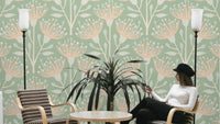 Eucalyptus Floral Botanical Cottage Blush on Sage Green Wallpaper.

