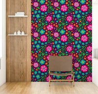 Sayulita Tropical Retro Floral Botanical Rainbow Brights on Deep Purple Wallpaper.

