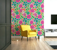 Vibrant rainbow-colored tropical flowers on a creamy background.

