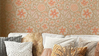 Sayulita Tropical Retro Floral Botanical Peach Fuzz Orange Beige Wallpaper.

