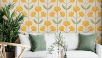 Lola Rose Retro Scandi Mid Century Floral Cottage Yellow Sage Green Leaves Wallpaper.

