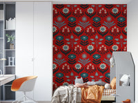 Tami Mid Century Modern Scandi Retro Floral Blue Navy Indigo White Dark Red Wallpaper.

