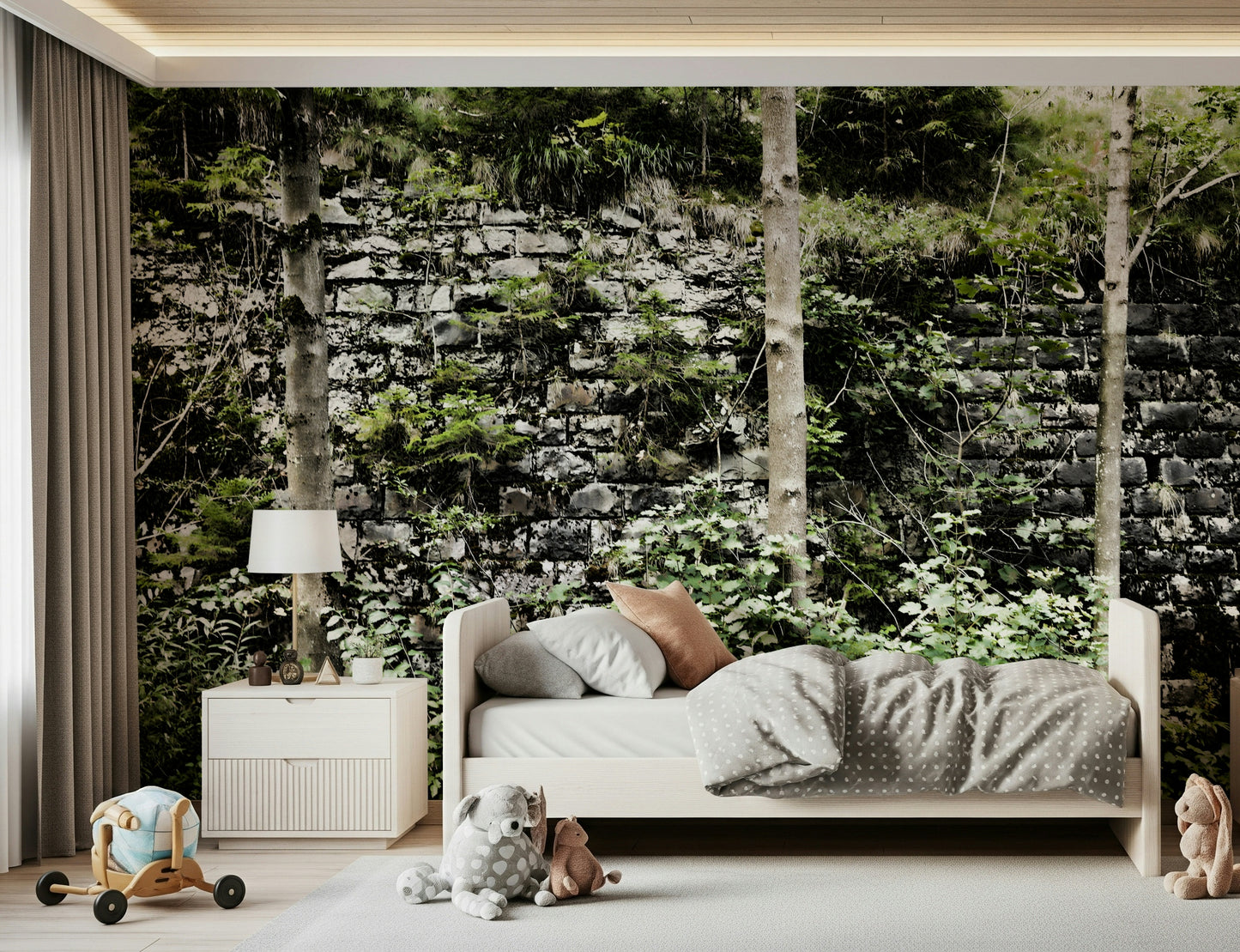 Overgrown Serenity: Nature's Embrace of Abandoned Stone Walls Wall Mural