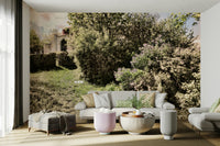 Serene nature photography on a wall.

