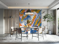 Towering mountain range with sharp peaks.
