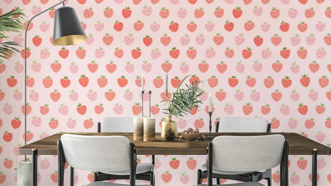 Cute Hand Drawn Pink and Red Kawaii Strawberries Wallpaper.


