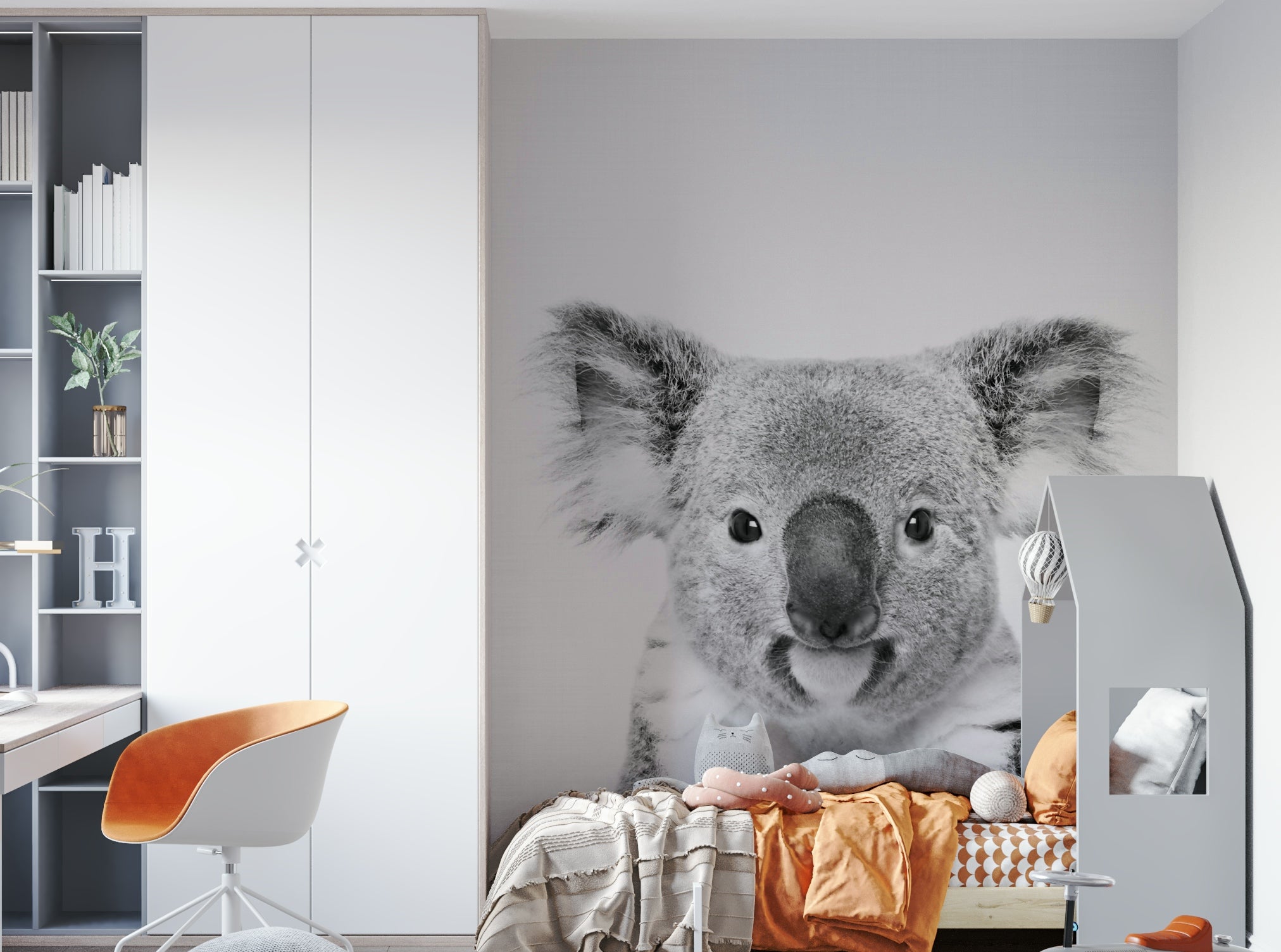 Focus on the koala's face, eyes, and fluffy ears.

