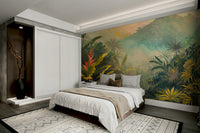 Rich and verdant hues with bright floral accents.

