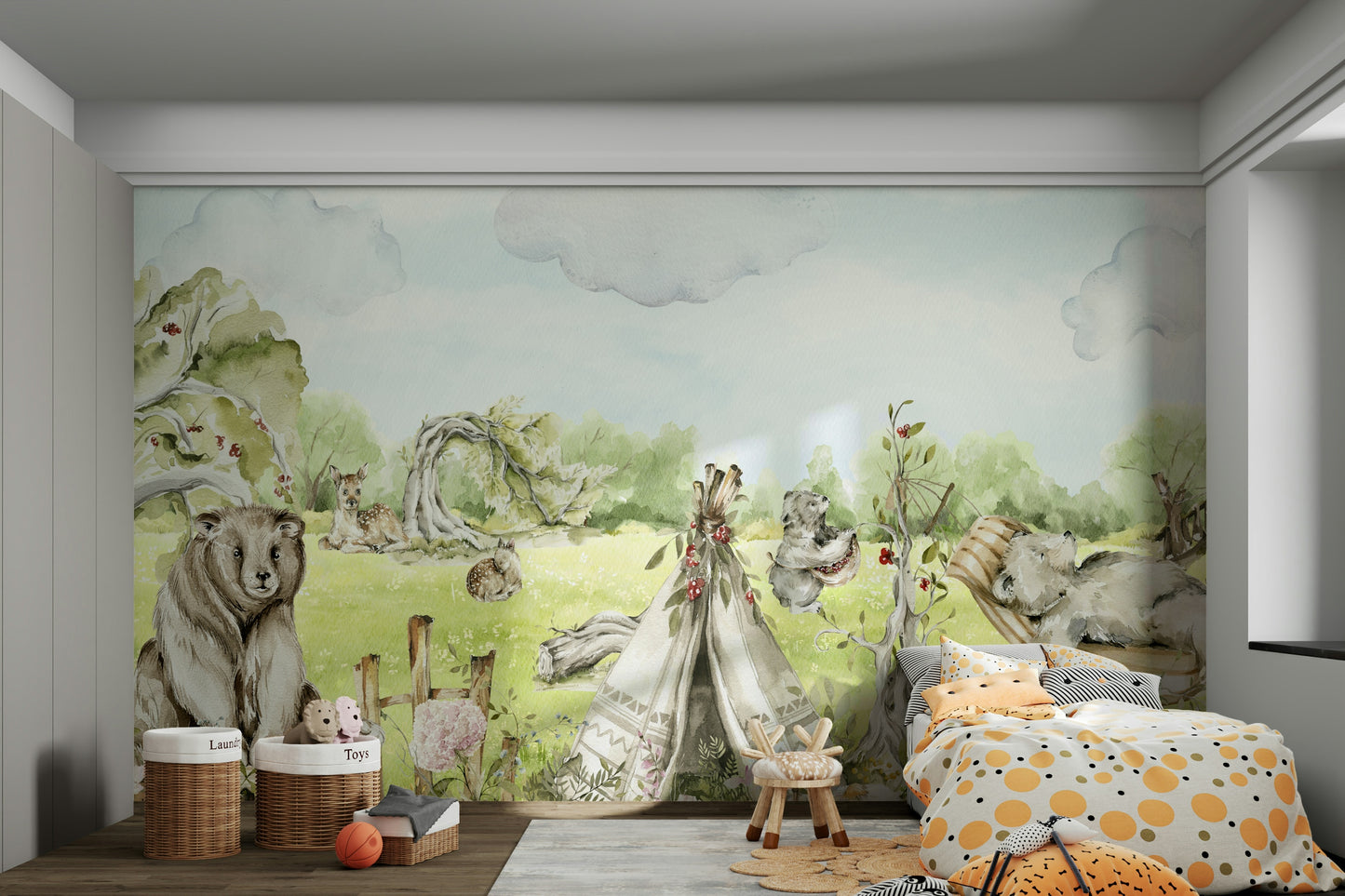 Watercolor Forest Friends mural for a child's room.

