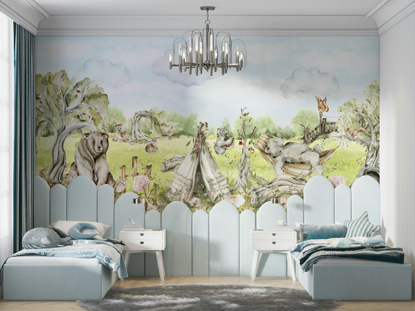 Watercolor Forest Friends wallpaper for a nursery.

