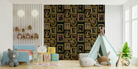 Wallpaper with a collection of framed pet portraits.

