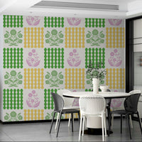 Soft oranges, warm browns, creams, greens, subtle blues.

