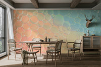 Hues of pink, orange, yellow.

