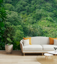 Wall mural showing a dense green forest.

