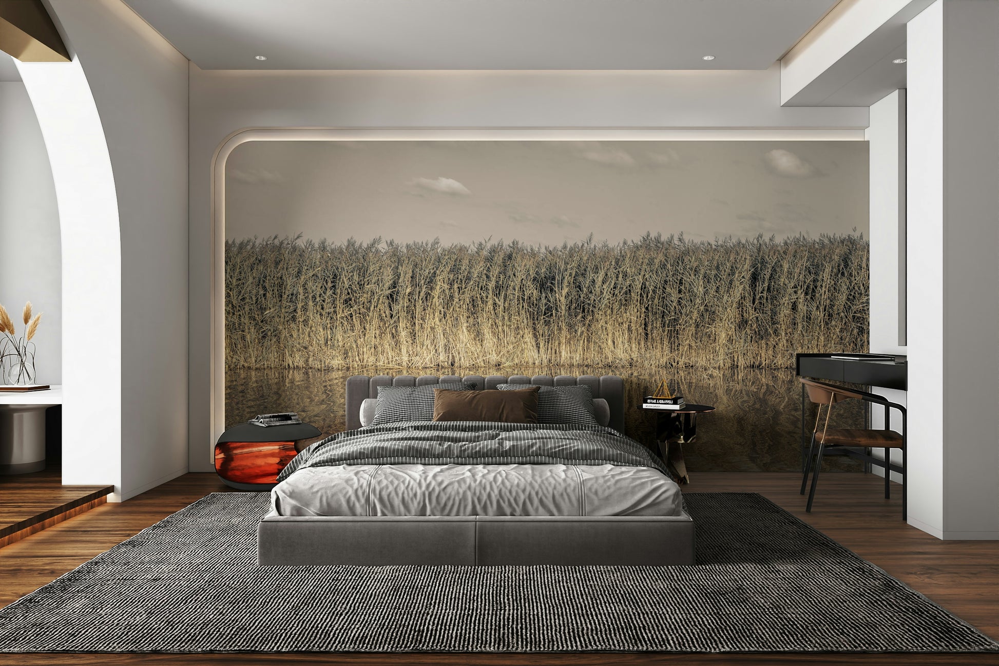 Wall mural with tall grass and a body of water.

