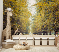 Fallen leaves are visible on the ground along the sides of the road.
