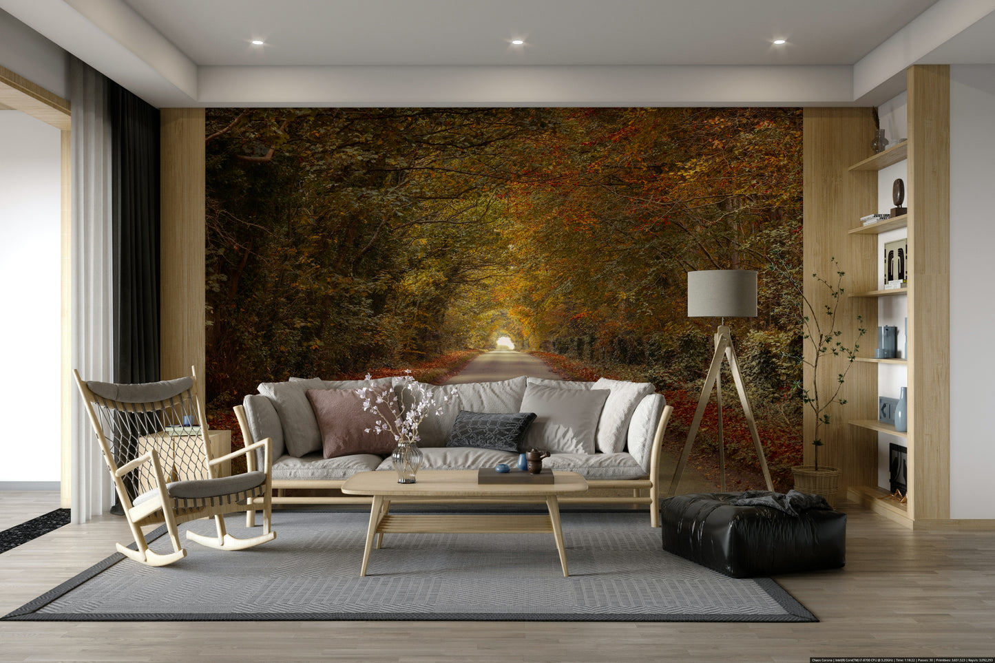 Fallen leaves are visible on the sides of the road.
