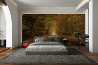 Features a scenic view of a straight road or path, disappearing into the distance.
