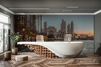 Prominent landmarks  are visible, often silhouetted.
