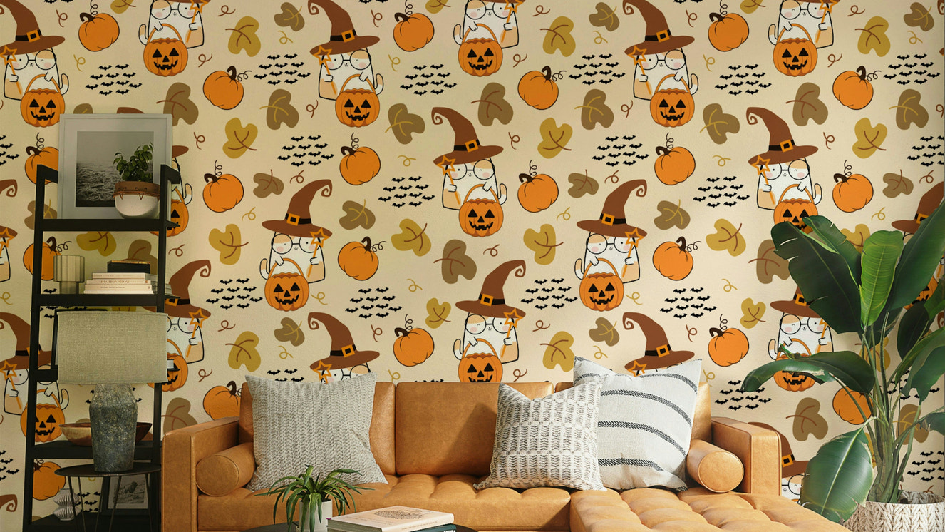 Cute Halloween Wallpaper with cats and pumpkins