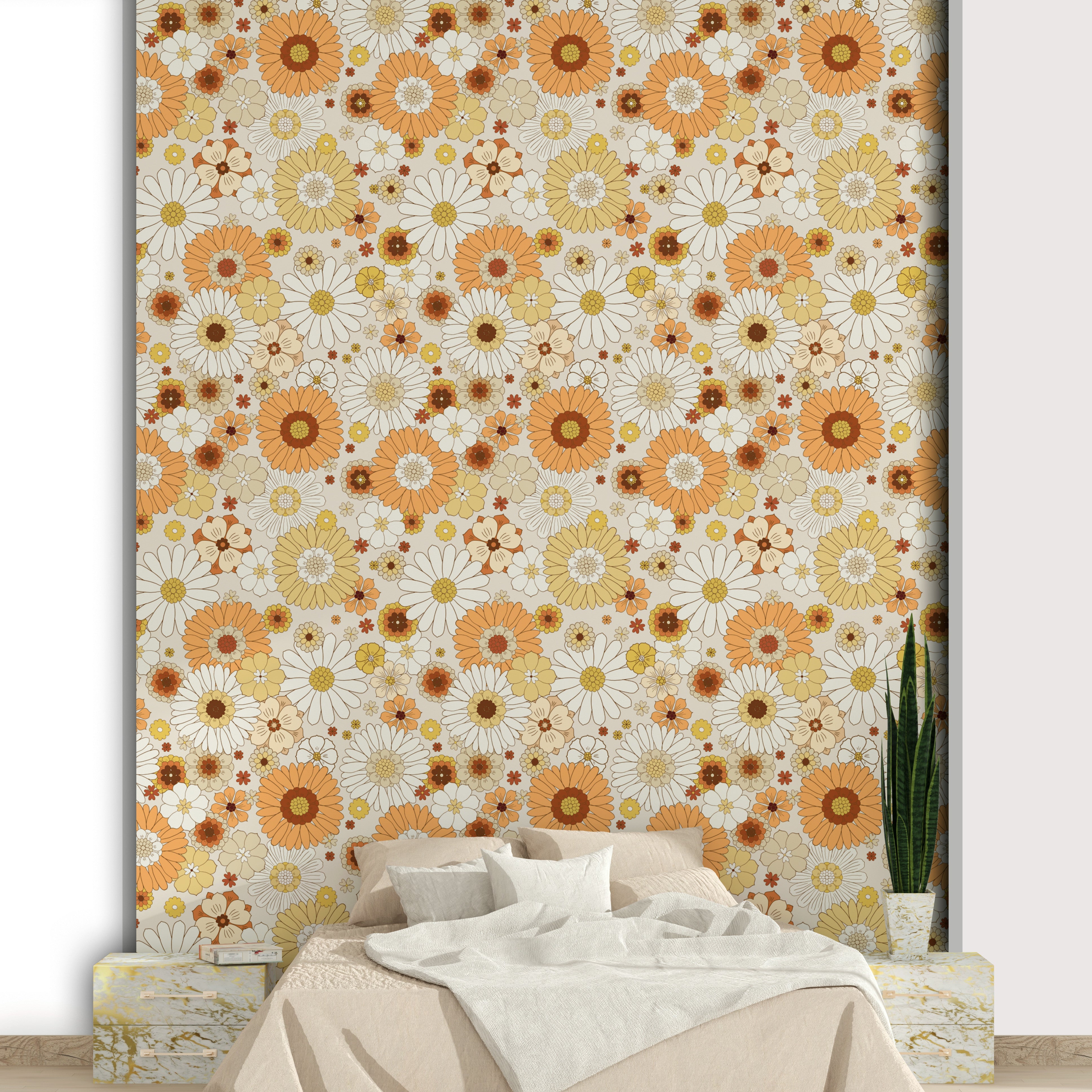Features bold, stylized daisies and other flowers.
