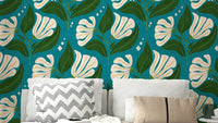 A bold, retro-themed floral wallpaper pattern.

