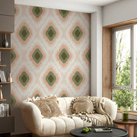 The dominant colors are shades of pink and green.
