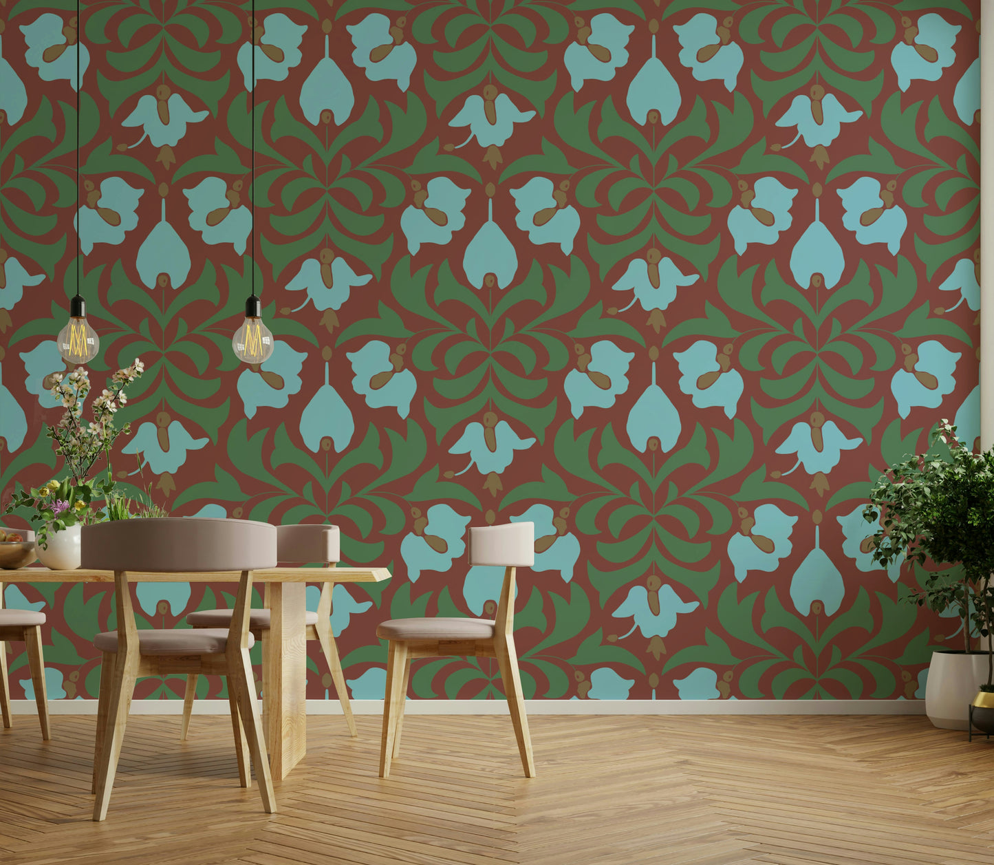 Features lush botanical elements and flowers.
