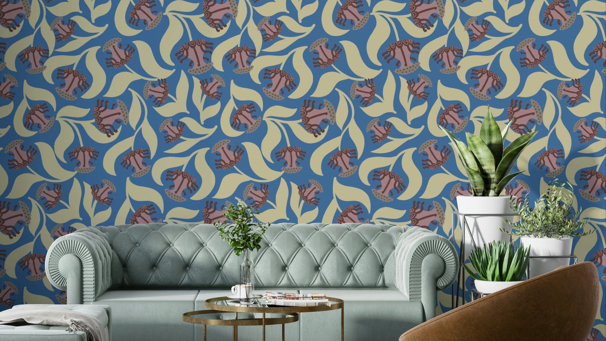 Features stylized representations of flowers, leaves, or botanical elements.
