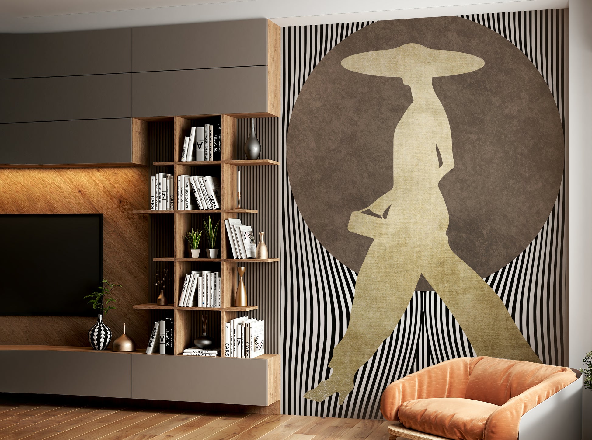 The color palette is predominantly dark, often with rich black, deep grays, or jewel tones.
