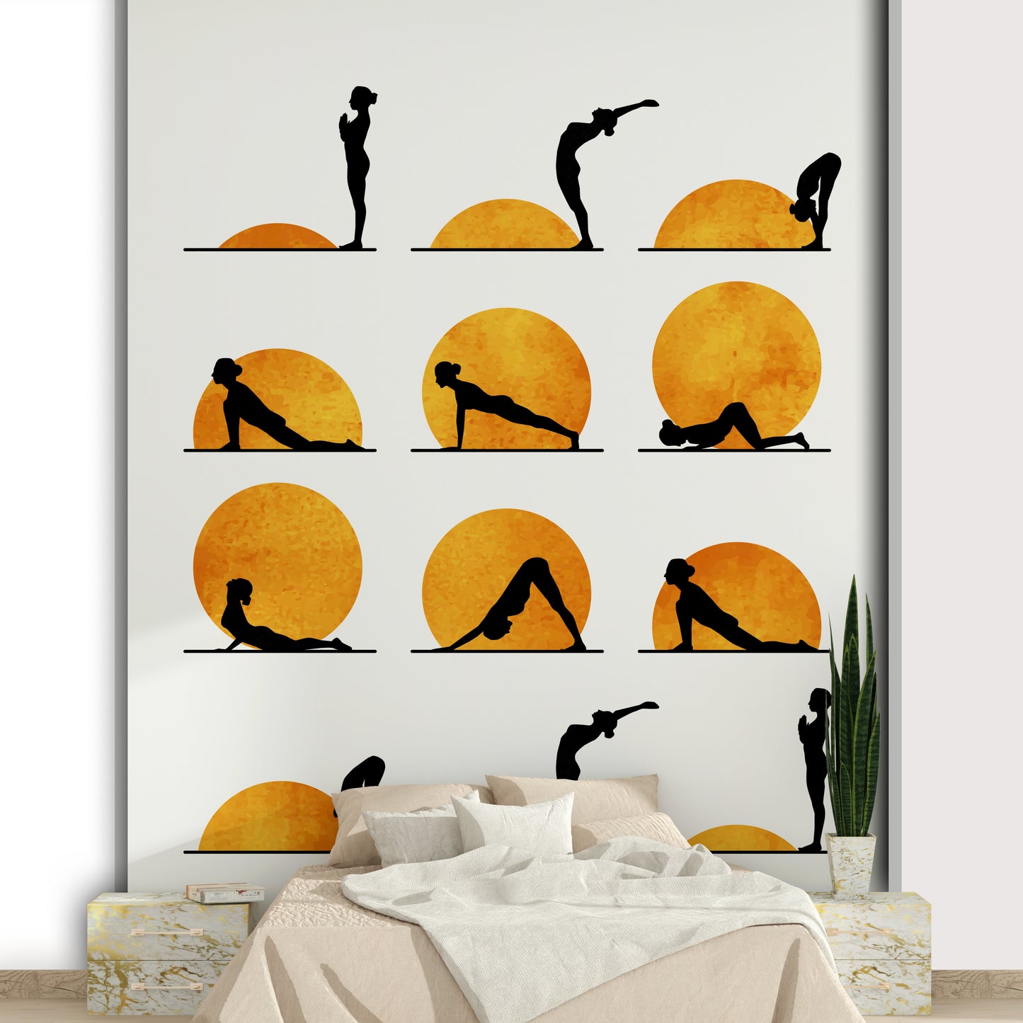 Features a stylized sun, possibly with human figures in yoga poses or abstract representations of energy/chakras.
