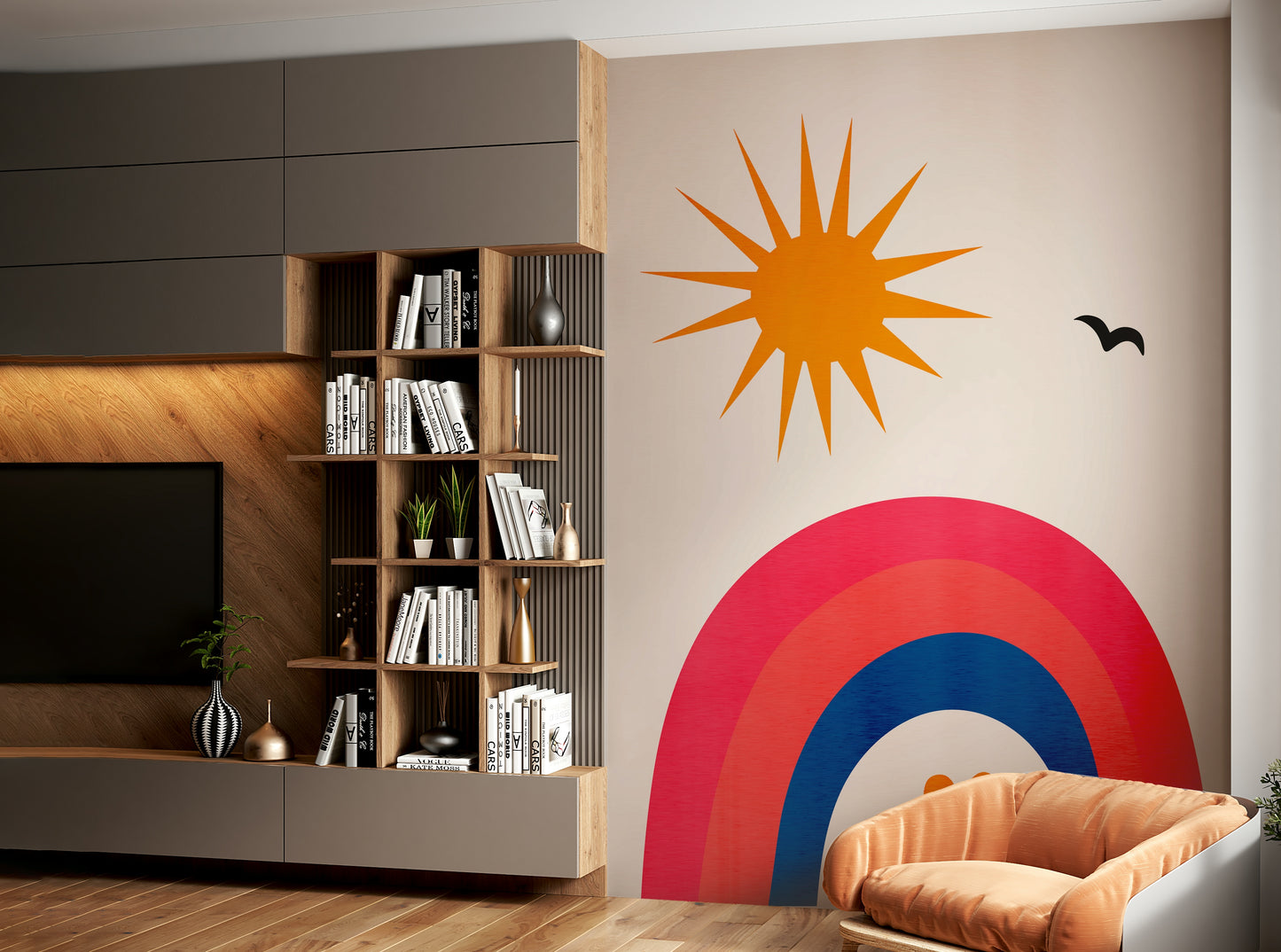 A cheerful and vibrant wall mural.
