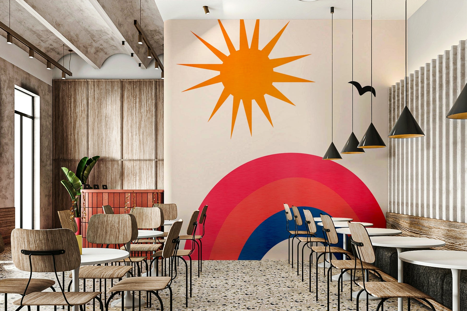 Features elements reminiscent of classic American "happy days" or 1950s/60s nostalgia.
