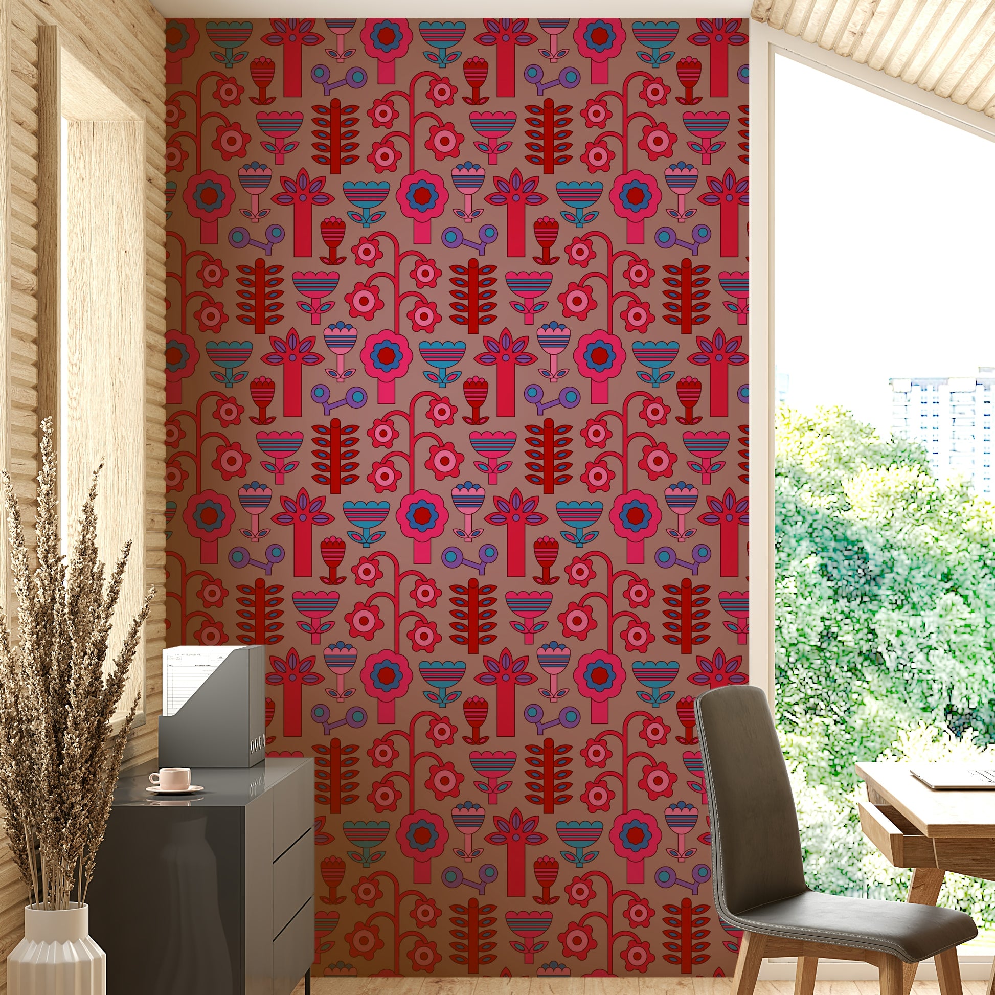 A charming and vibrant floral wallpaper pattern.
