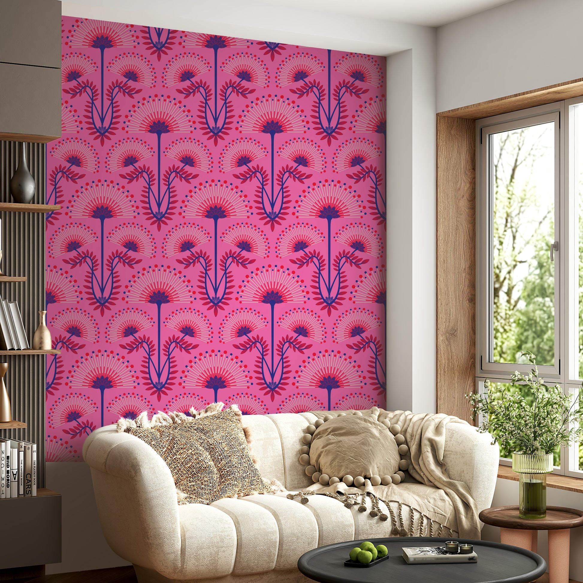 Features a damask style with Art Deco floral motifs.
