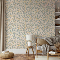 Features a delicate and soft pattern of various leaves, arranged to suggest gentle movement or flow.
