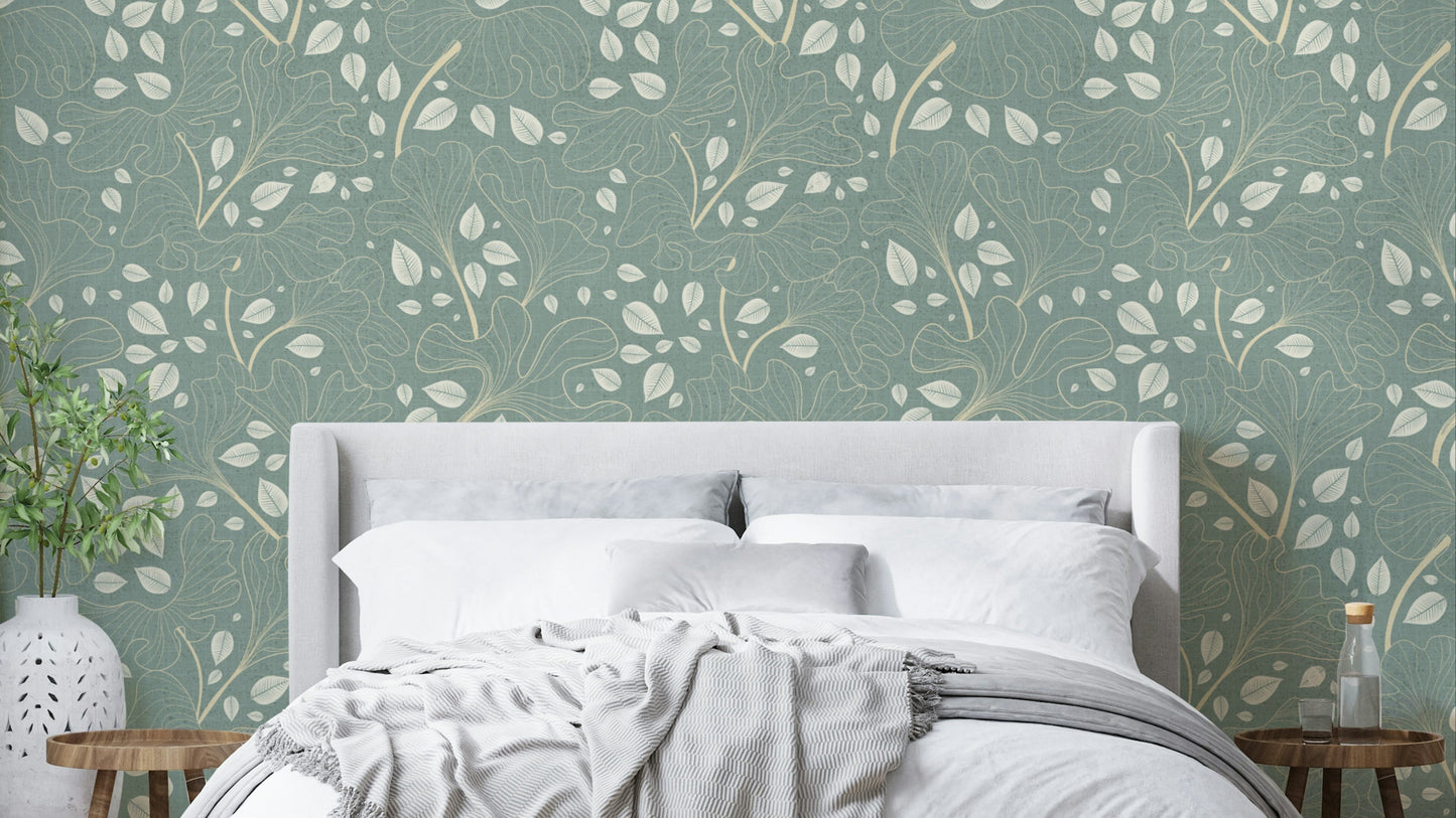 Timeless Ginkgo Garden Pearl and Blue Wallpaper.

