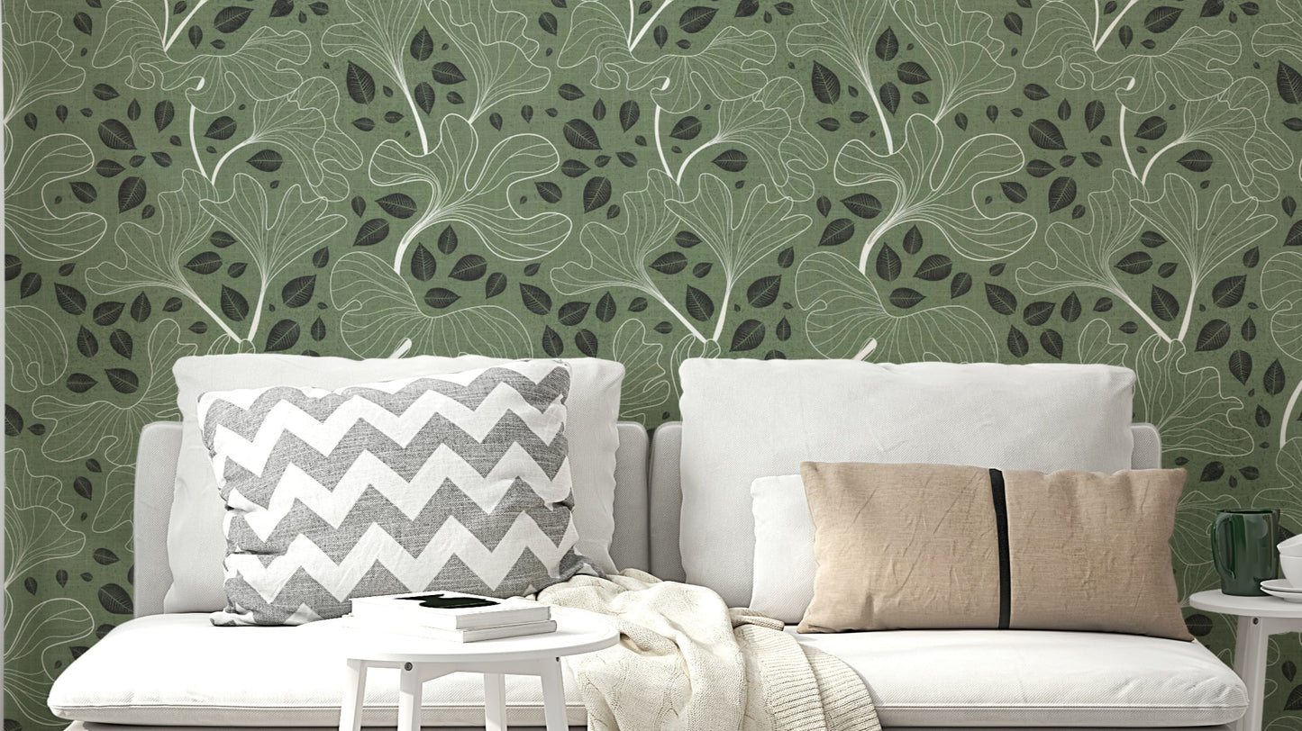 Timeless Ginkgo Garden Green and White Wallpaper.

