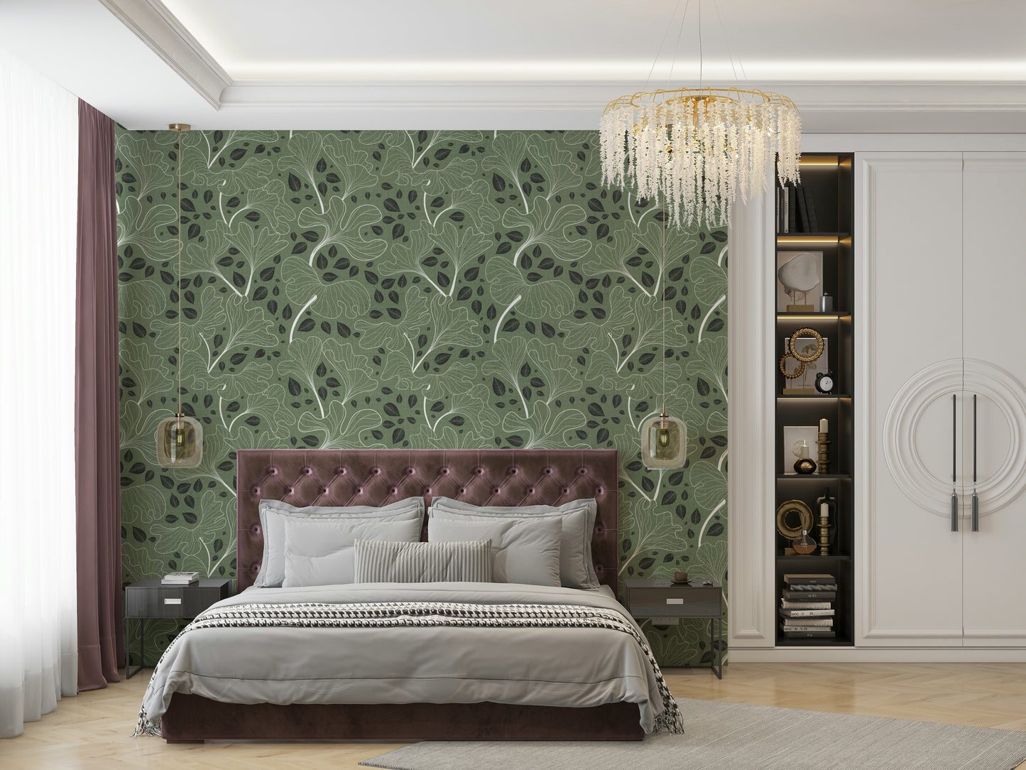 Wallpaper with a pattern of ginkgo leaves.

