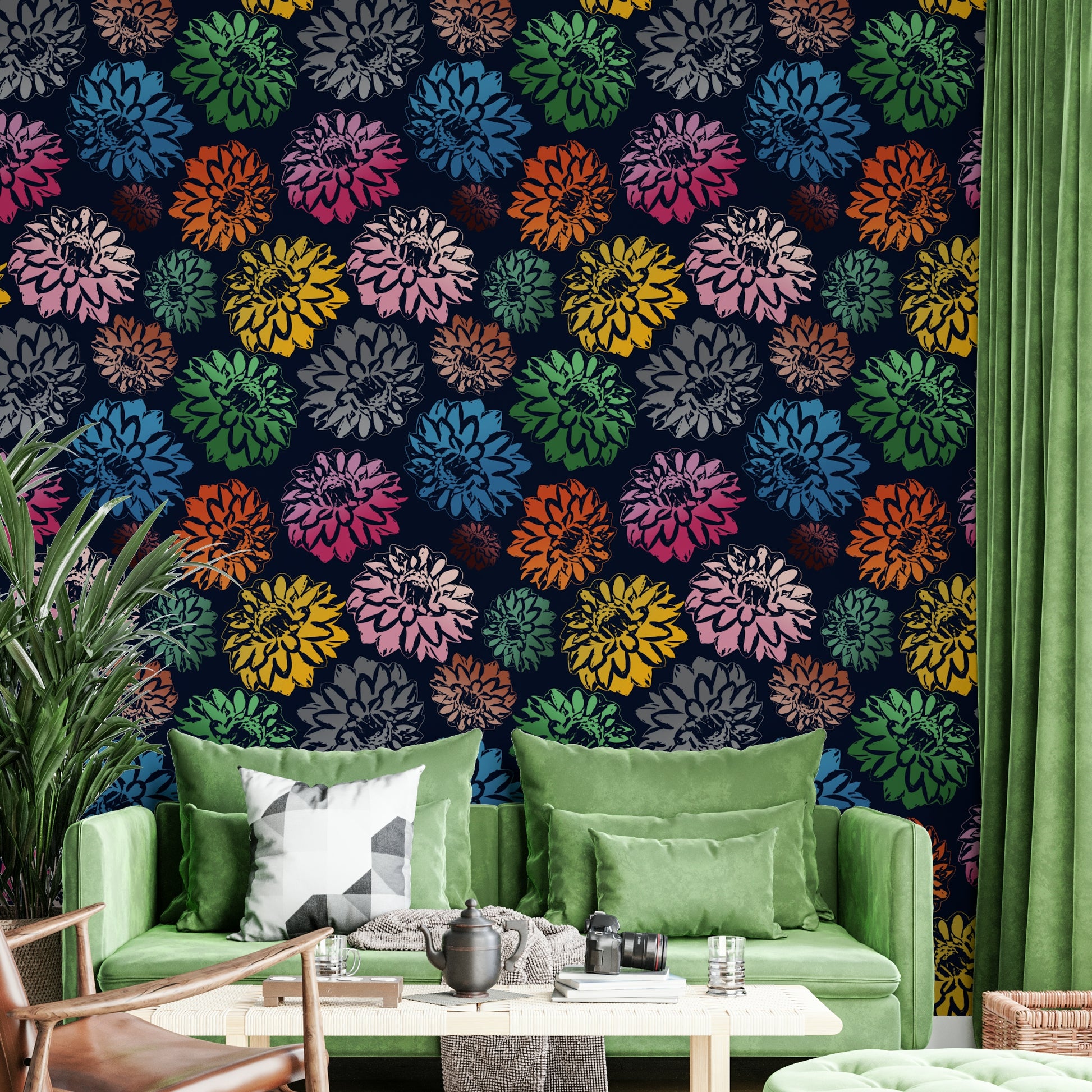 Wallpaper with a bold floral design.

